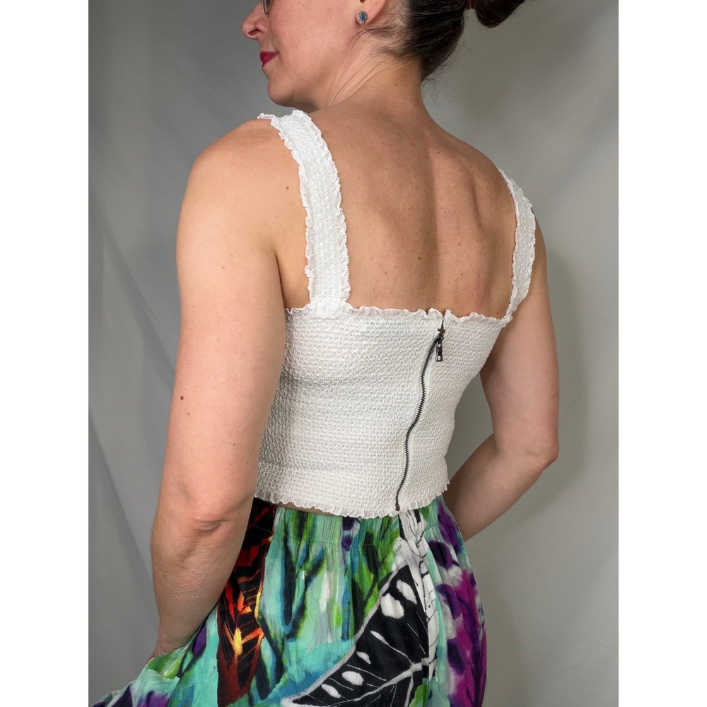 Alice + Olivia White Smocked Cotton Silk Ruffle Crop Top Sleeveless Tank Cami M - Picture 3 of 14